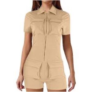 Beige Short Sleeve Zip Romper
